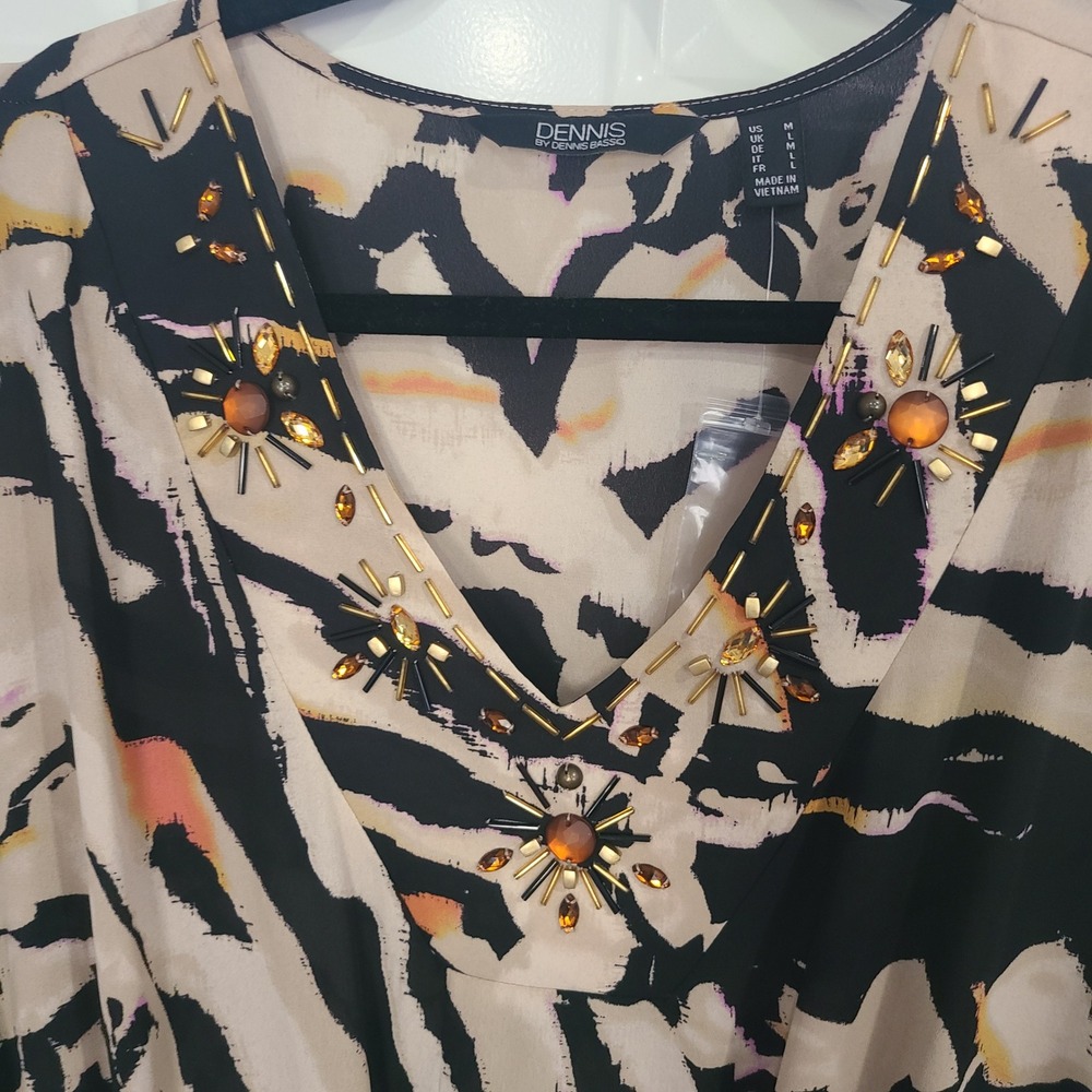Dennis Basso Abstract Animal Print Beaded V-Neck Top Womens Medium - Picture 3 of 16